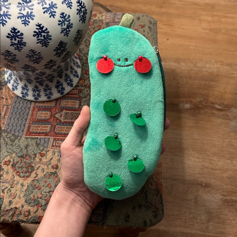 Cute Green Peapod Pencil Case with Handplaced Sequins